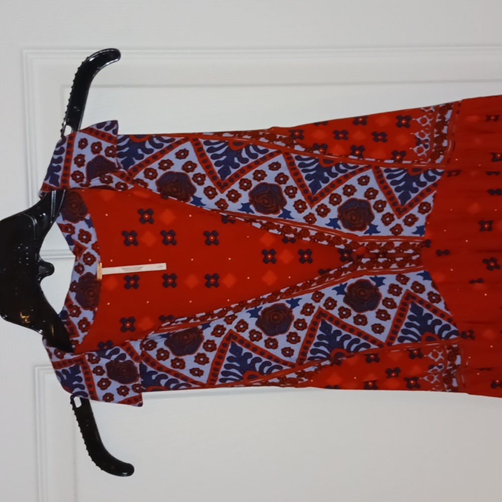 Free People "Scarlet" bohemian tunic blouse v neck button - L - orange/navy - Picture 4 of 12